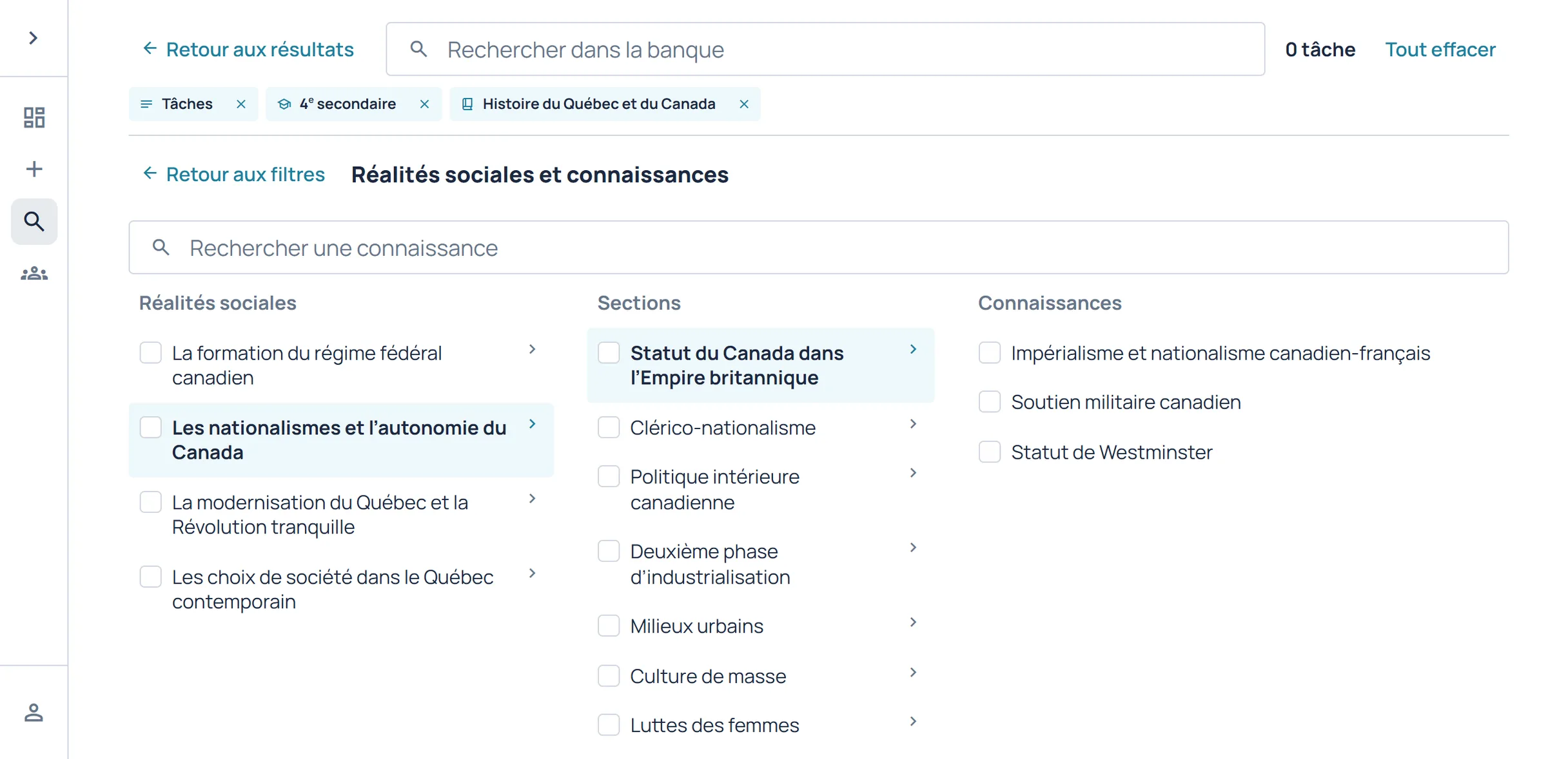 Exploration du programme par réalité sociale, section et connaissance.