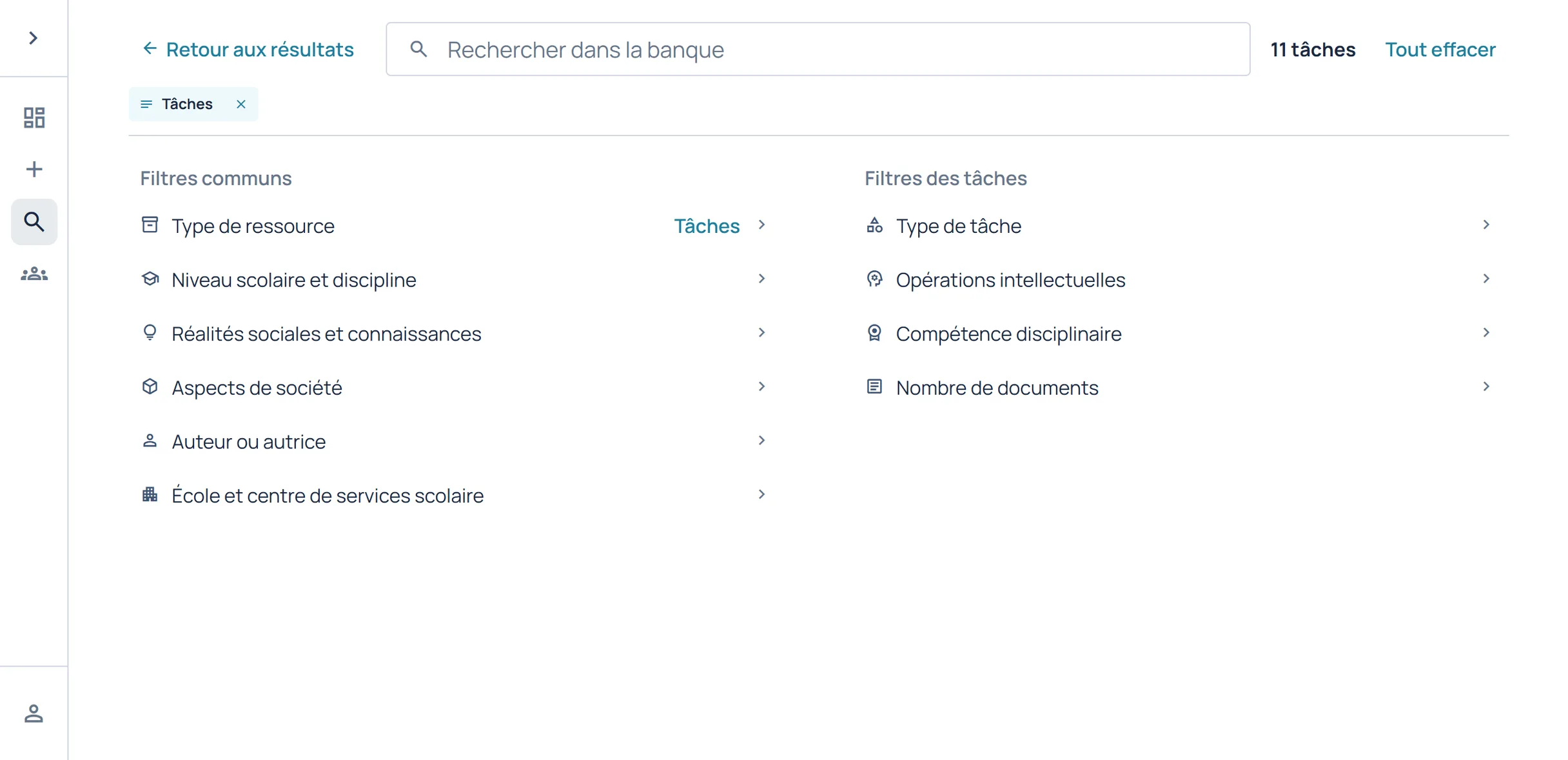 Filtres communs de la banque et filtres propres aux tâches.