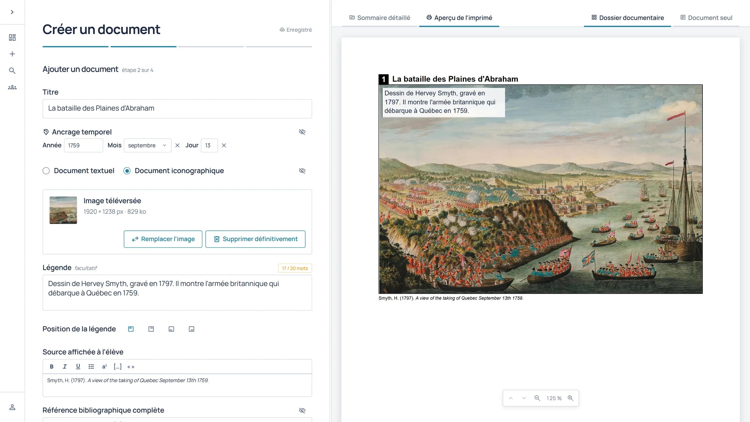 Ajout d’un document iconographique sur les Plaines d’Abraham et aperçu de sa mise en page.