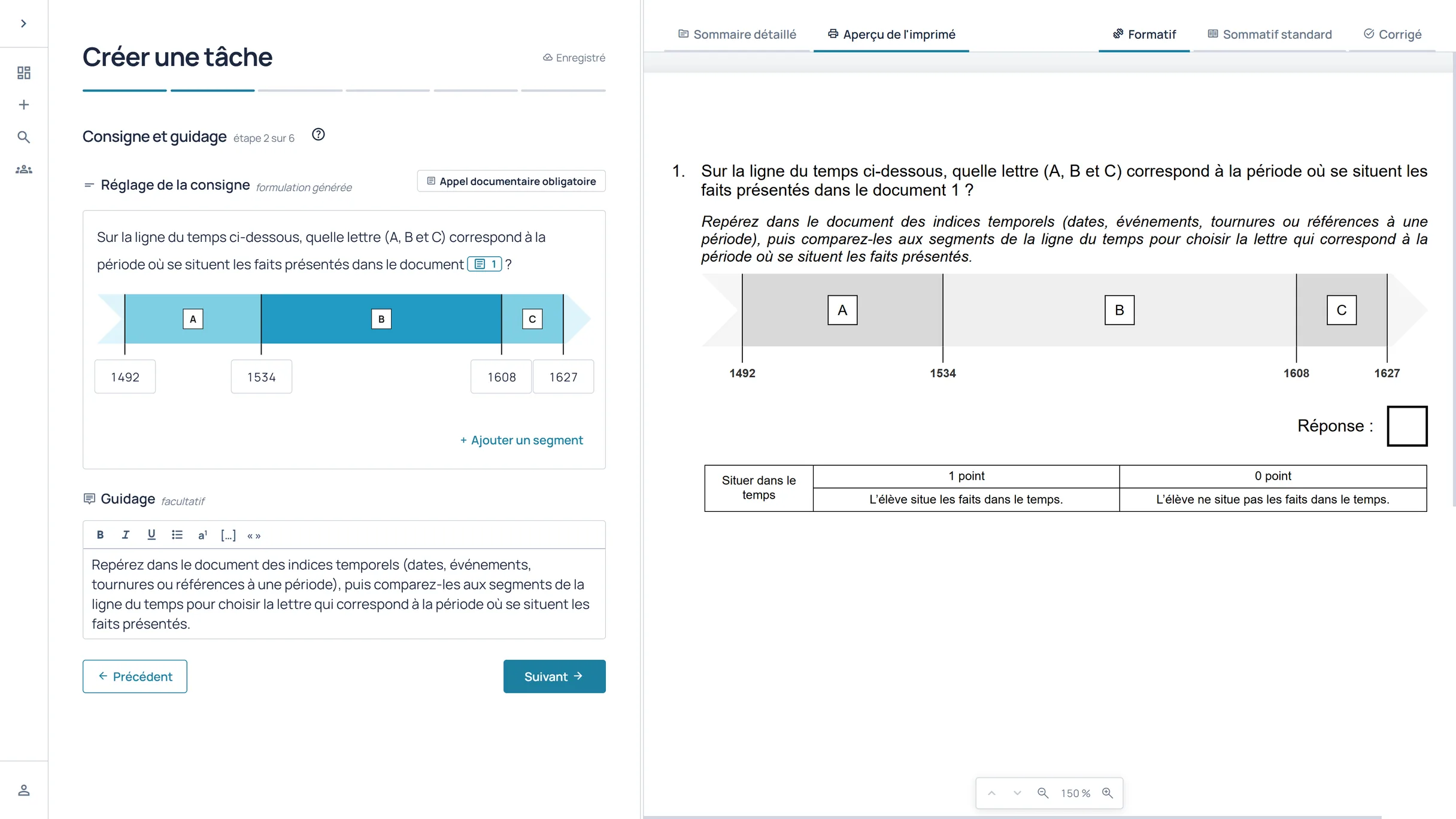 Saisie de la consigne et du guidage, avec la ligne du temps et son outil d’évaluation dans l’aperçu imprimé.