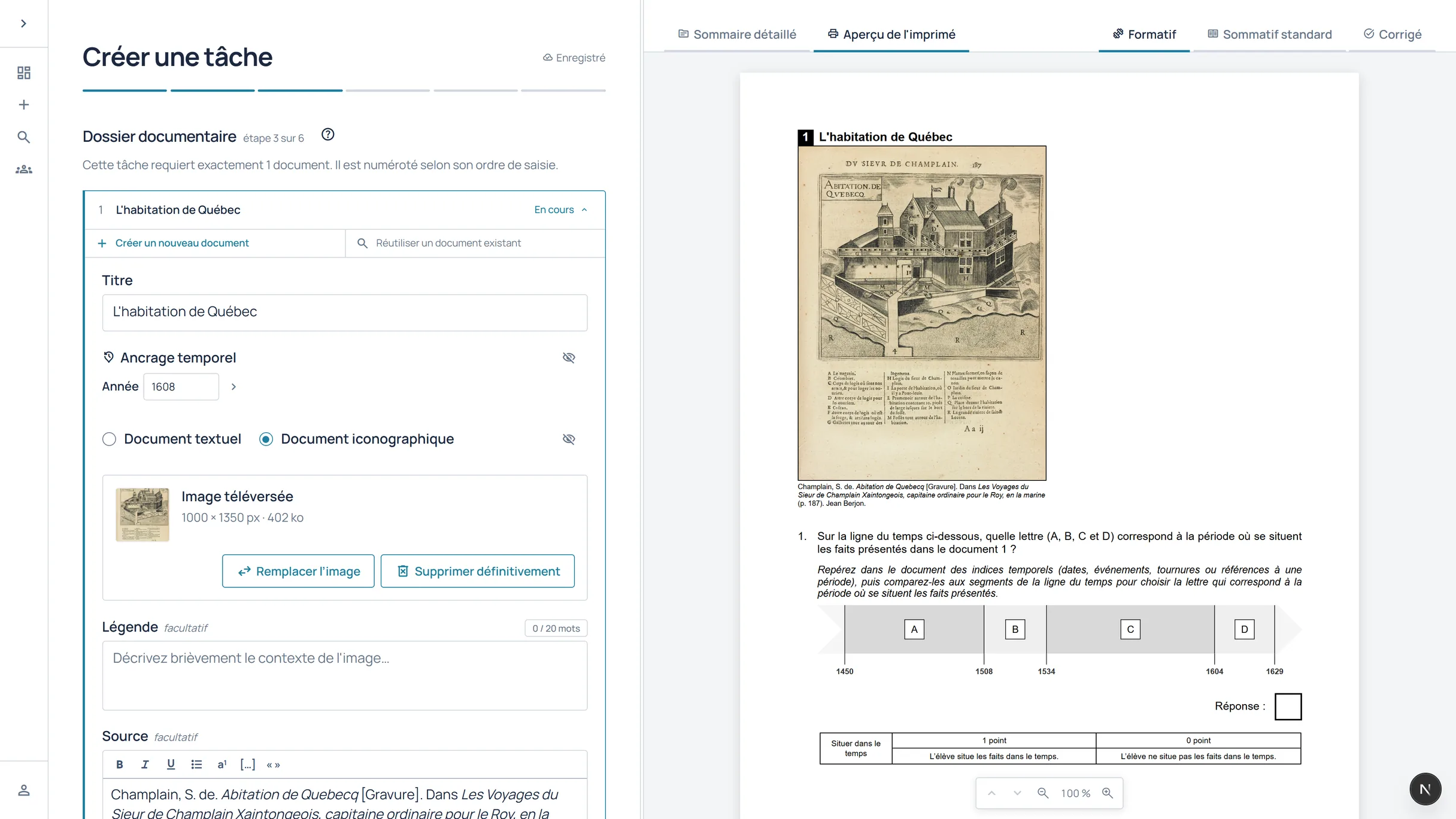 Document sur l’habitation de Québec intégré à une tâche avec ligne du temps.
